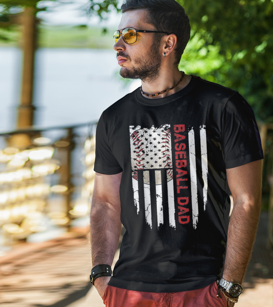 Baseball Dad American Flag Patriotic Stars Stripes Sports Enthusiast T-Shirt
