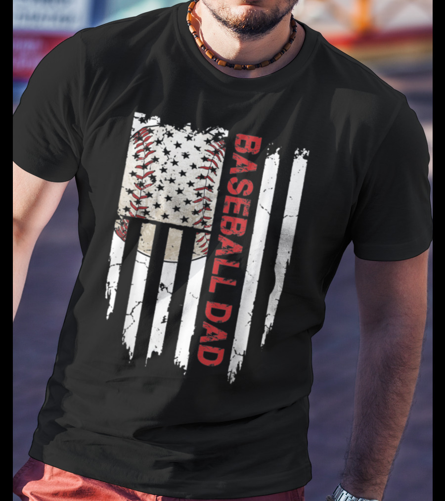 Baseball Dad American Flag Patriotic Stars Stripes Sports Enthusiast T-Shirt