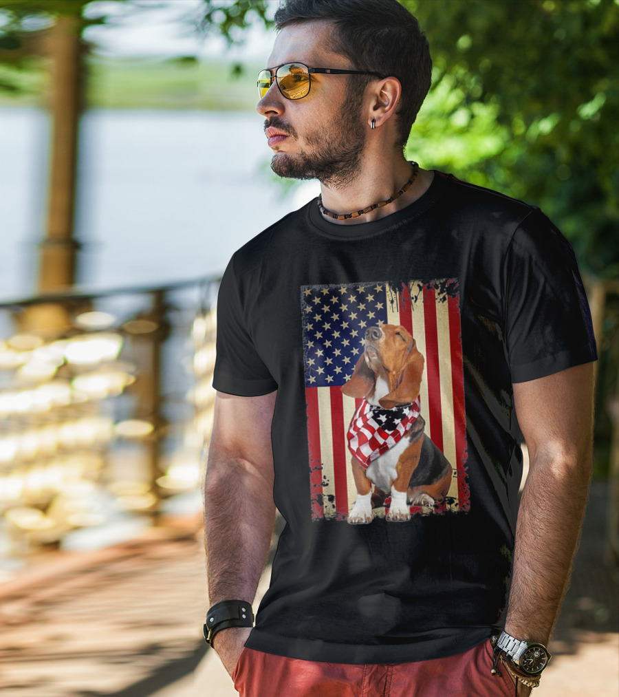 Basset Hound With American Flag Scarf Against USA Flag Background T-Shirt