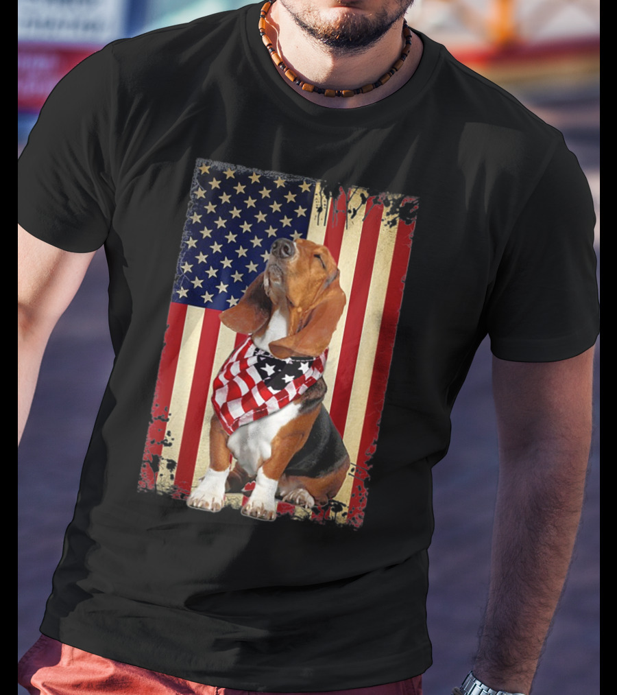 Basset Hound With American Flag Scarf Against USA Flag Background T-Shirt
