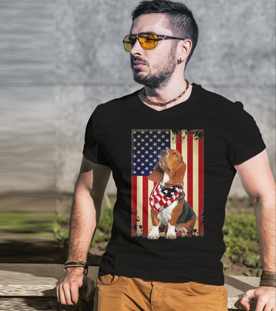 Basset Hound With American Flag Scarf Against USA Flag Background T-Shirt