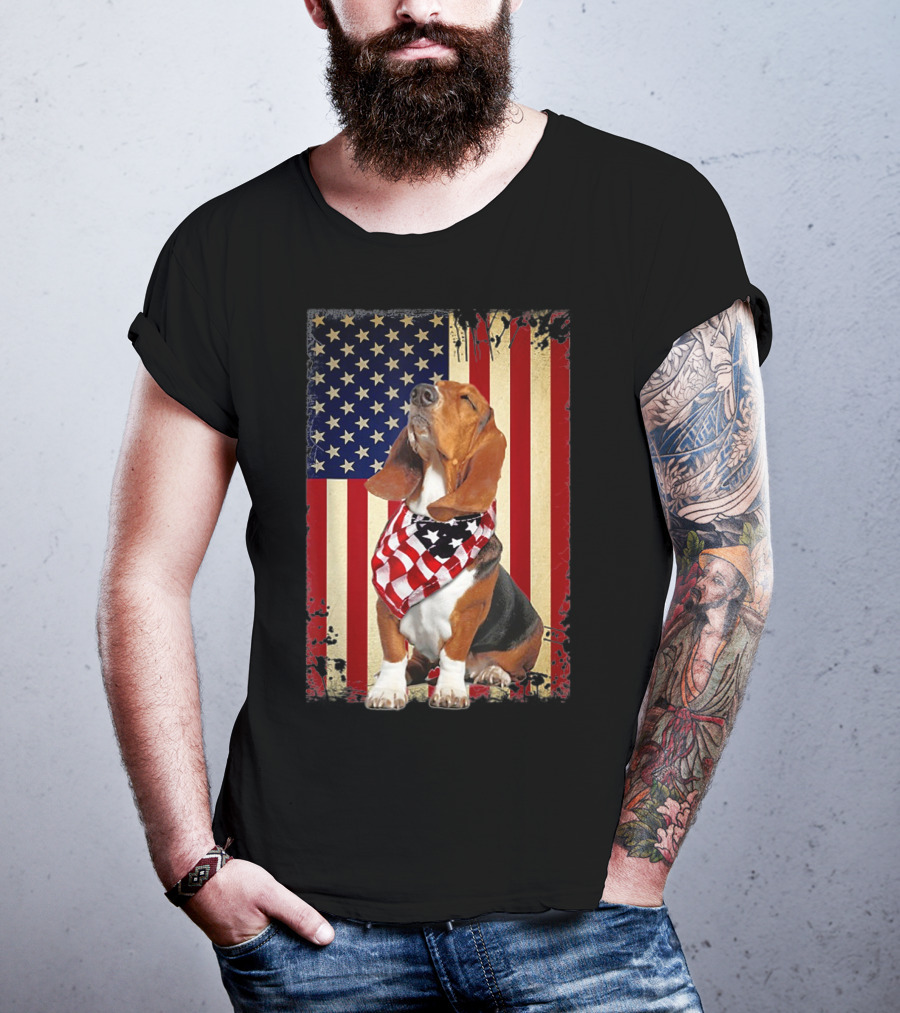 Basset Hound With American Flag Scarf Against USA Flag Background T-Shirt