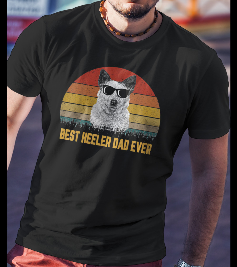 Best Heeler Dad Ever Retro Sunglasses Dog Sunset T-Shirt