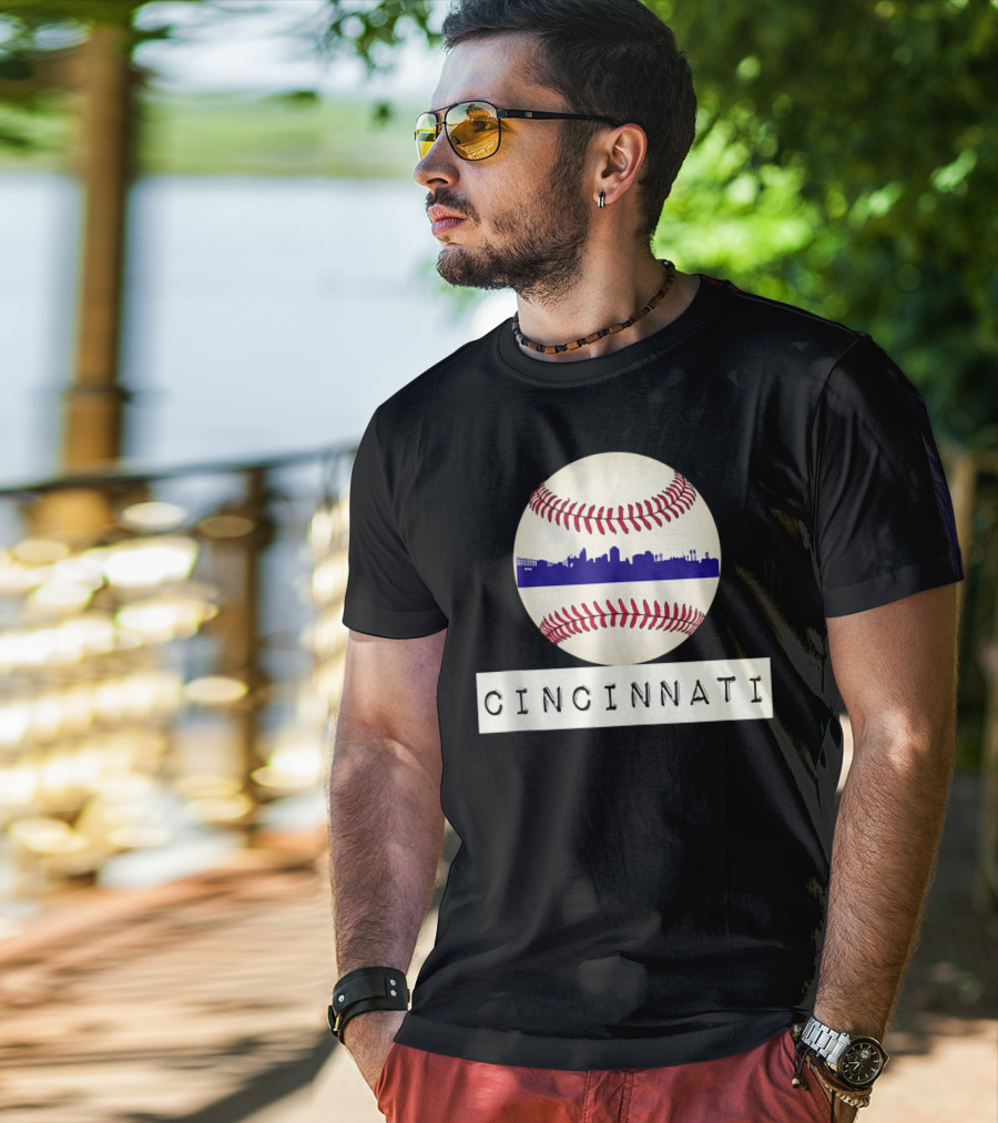 Cincinnati Skyline On Baseball With Red Stitches T-Shirt