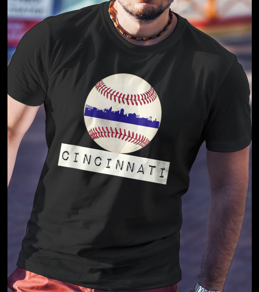Cincinnati Skyline On Baseball With Red Stitches T-Shirt
