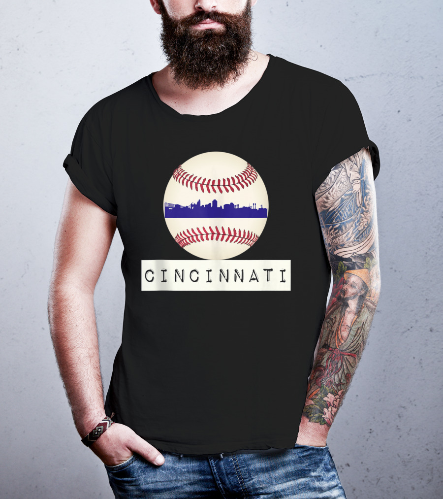 Cincinnati Skyline On Baseball With Red Stitches T-Shirt
