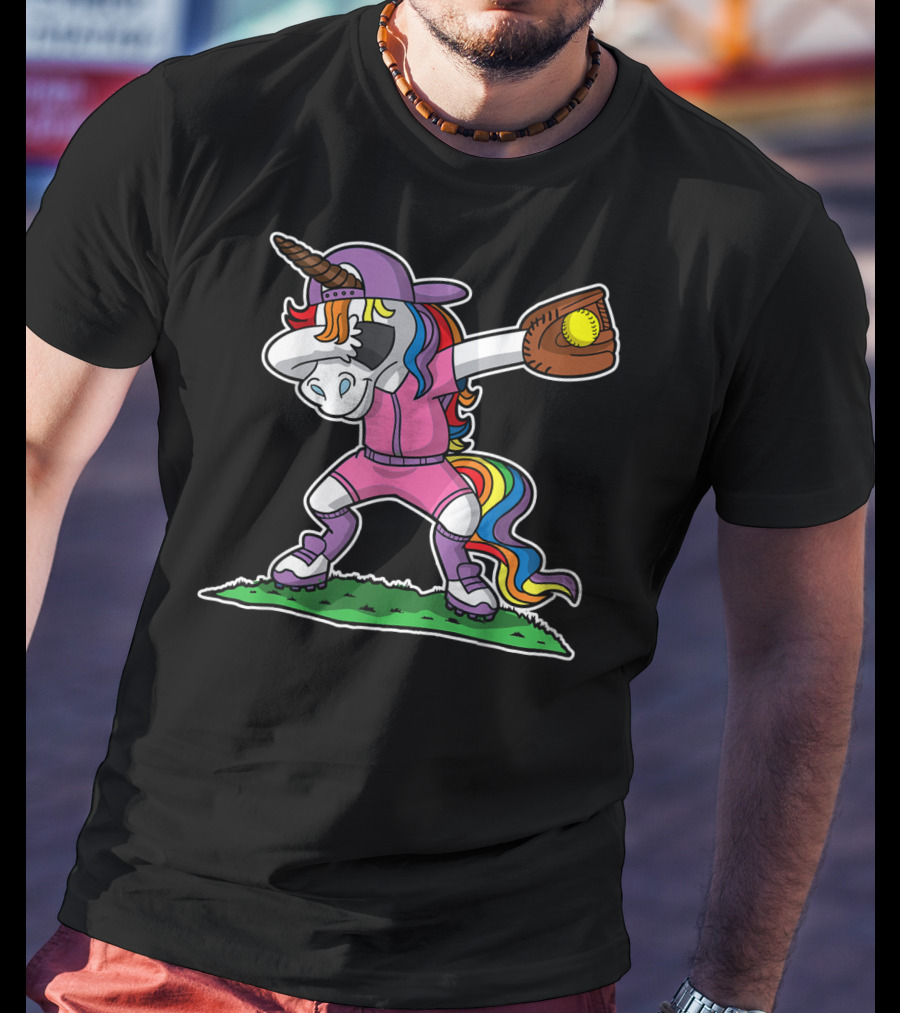 Dabbing Unicorn In Pink Softball Outfit With Glove And Ball T-Shirt