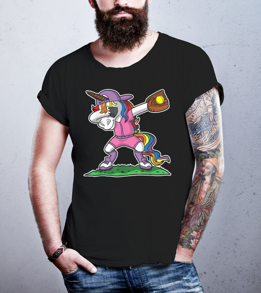 Dabbing Unicorn In Pink Softball Outfit With Glove And Ball T-Shirt