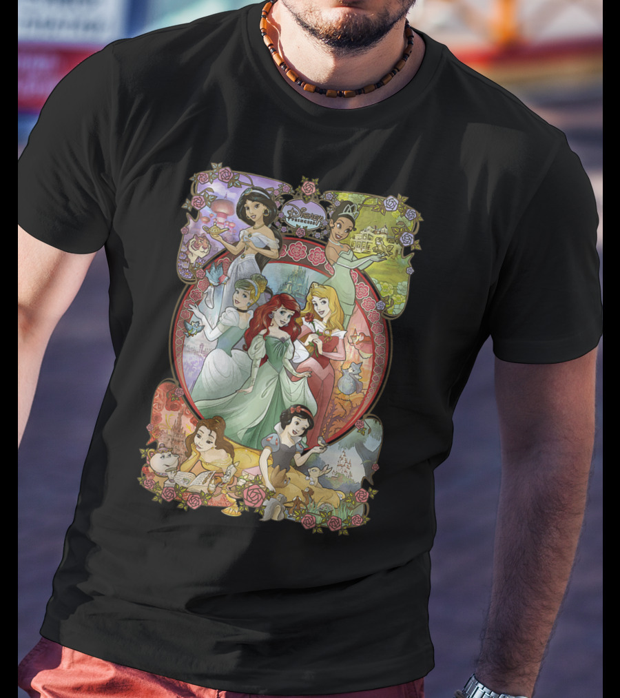 Disney Princess Classic Cartoon Group Collage Cinderella Ariel Belle Snow White Aurora T-Shirt