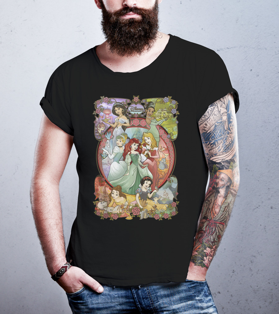 Disney Princess Classic Cartoon Group Collage Cinderella Ariel Belle Snow White Aurora T-Shirt