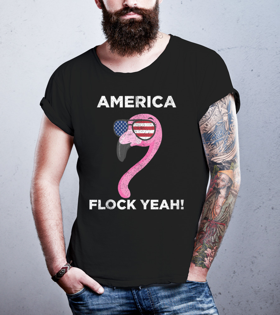 America Flock Yeah Flamingo With American Flag Glasses T-Shirt
