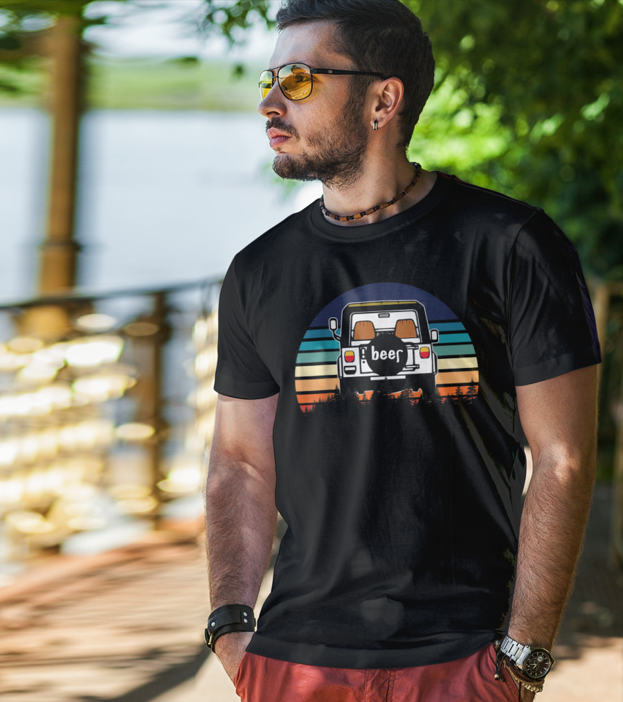 Funny Beer Jeeps Vintage Sunset Retro Stripess T-Shirt