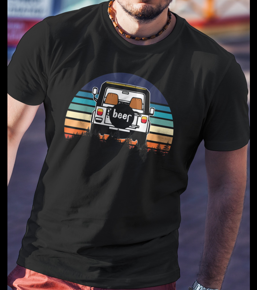 Funny Beer Jeeps Vintage Sunset Retro Stripess T-Shirt