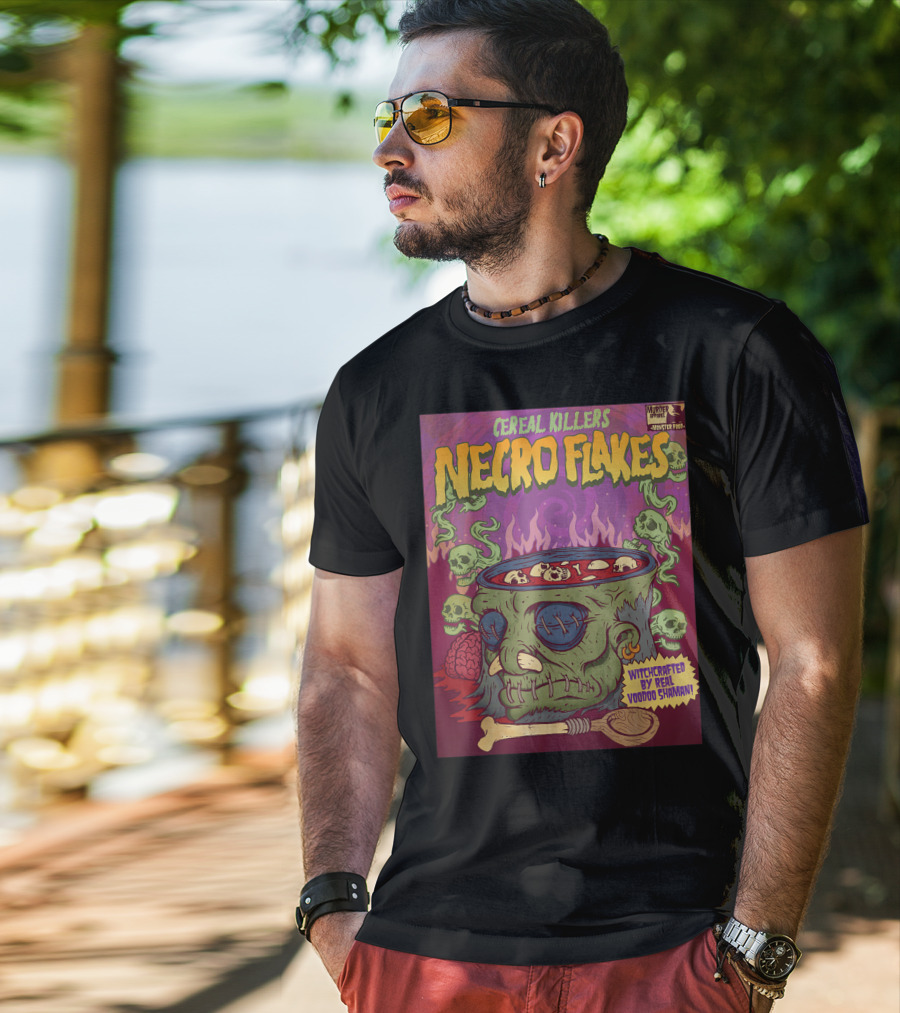 Cereal Killers Necro Flakes Witchcrafted By Real Voodoo Shaman Monster Food Horror Fans Nerds T-Shirt