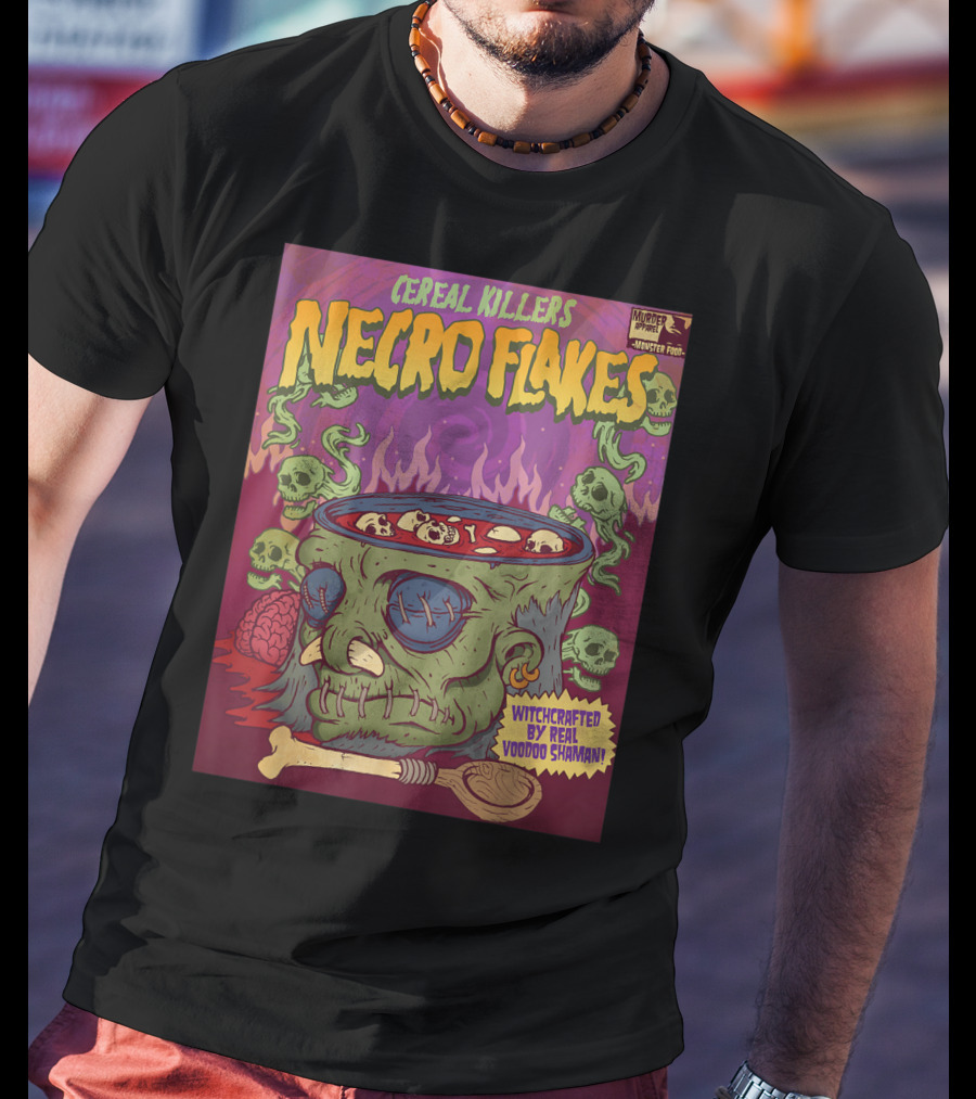 Cereal Killers Necro Flakes Witchcrafted By Real Voodoo Shaman Monster Food Horror Fans Nerds T-Shirt