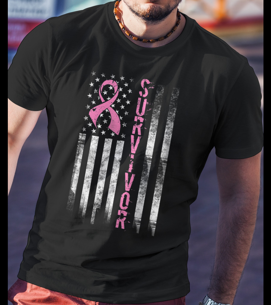 Survivor Pink Ribbon American Flag Breast Cancer Awareness T-Shirt