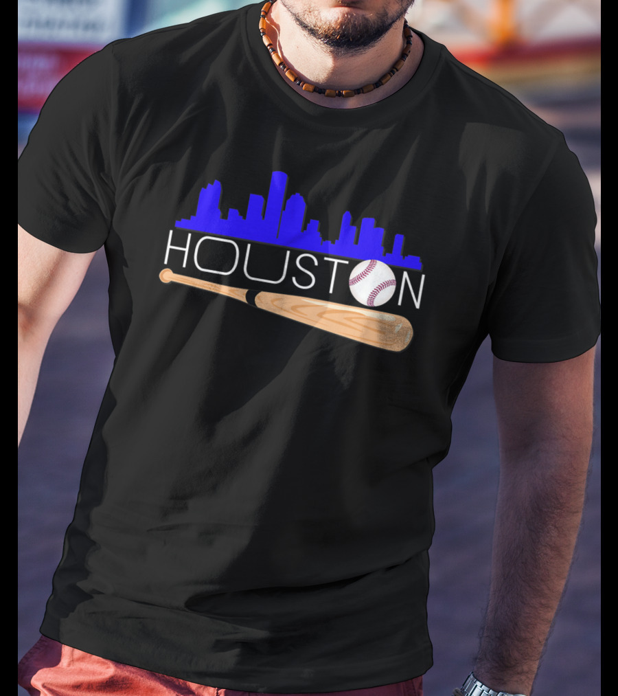Houston Baseball Astro Font Skyline With Bat And Ball T-Shirt