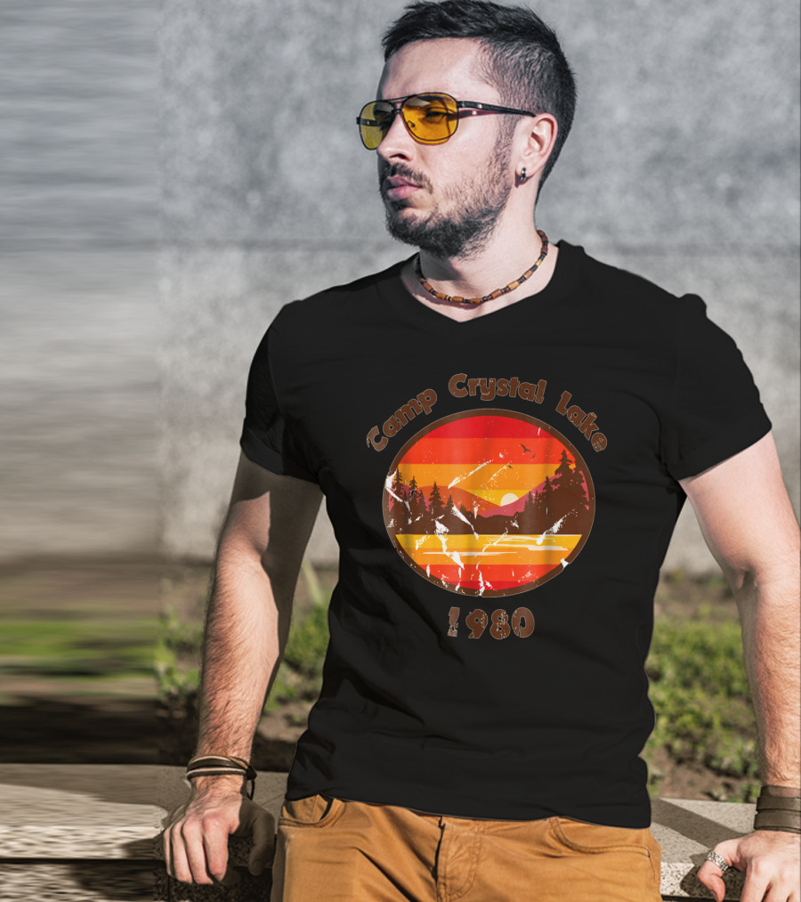 Camp Crystal Lake 1980 Retro Sunset Forest Scene T-Shirt
