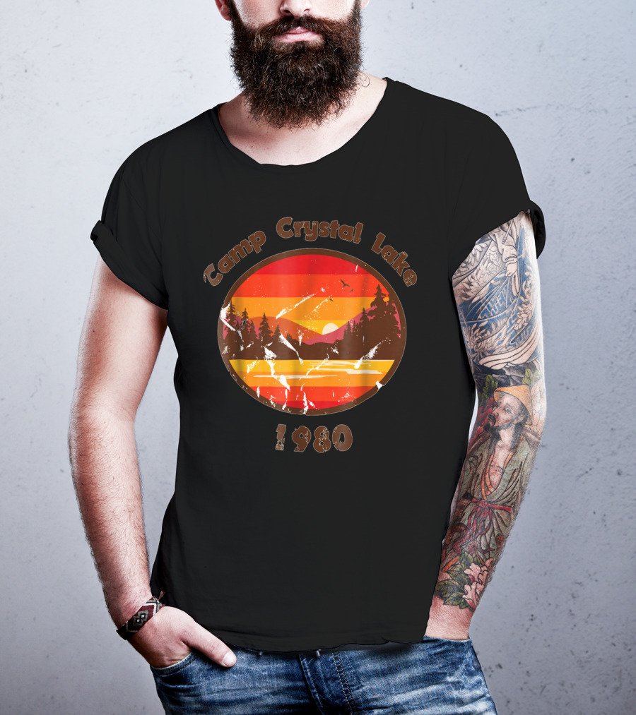 Camp Crystal Lake 1980 Retro Sunset Forest Scene T-Shirt