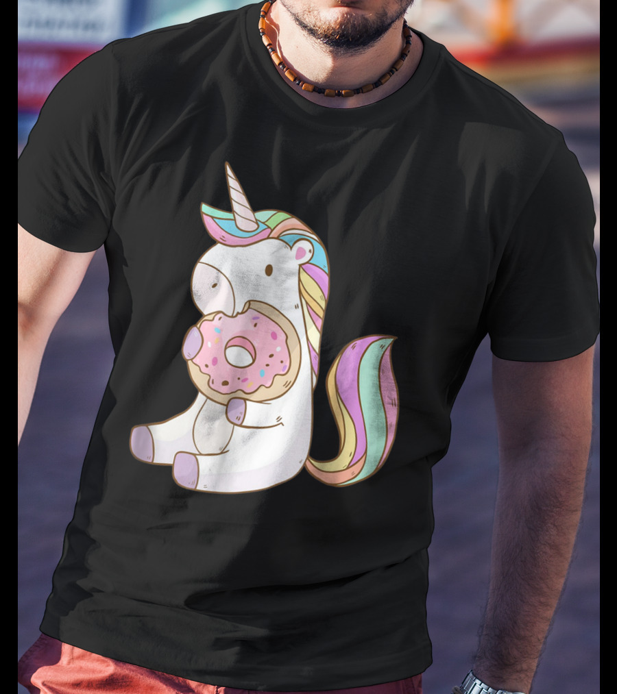 Cute Hungry Unicorn Enjoying A Delicious Donut With Sprinkles T-Shirt