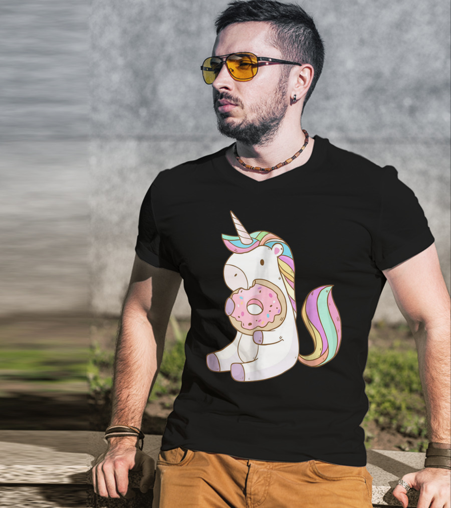 Cute Hungry Unicorn Enjoying A Delicious Donut With Sprinkles T-Shirt