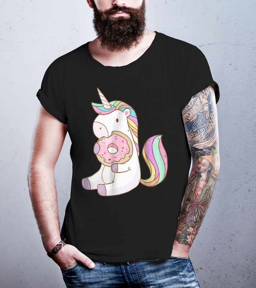Cute Hungry Unicorn Enjoying A Delicious Donut With Sprinkles T-Shirt