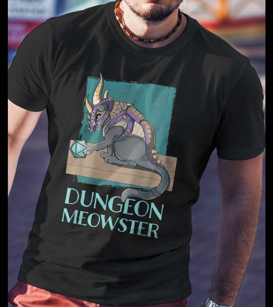 Dungeon Meowster Cat With Dragon Armor Playing With Dice T-Shirt