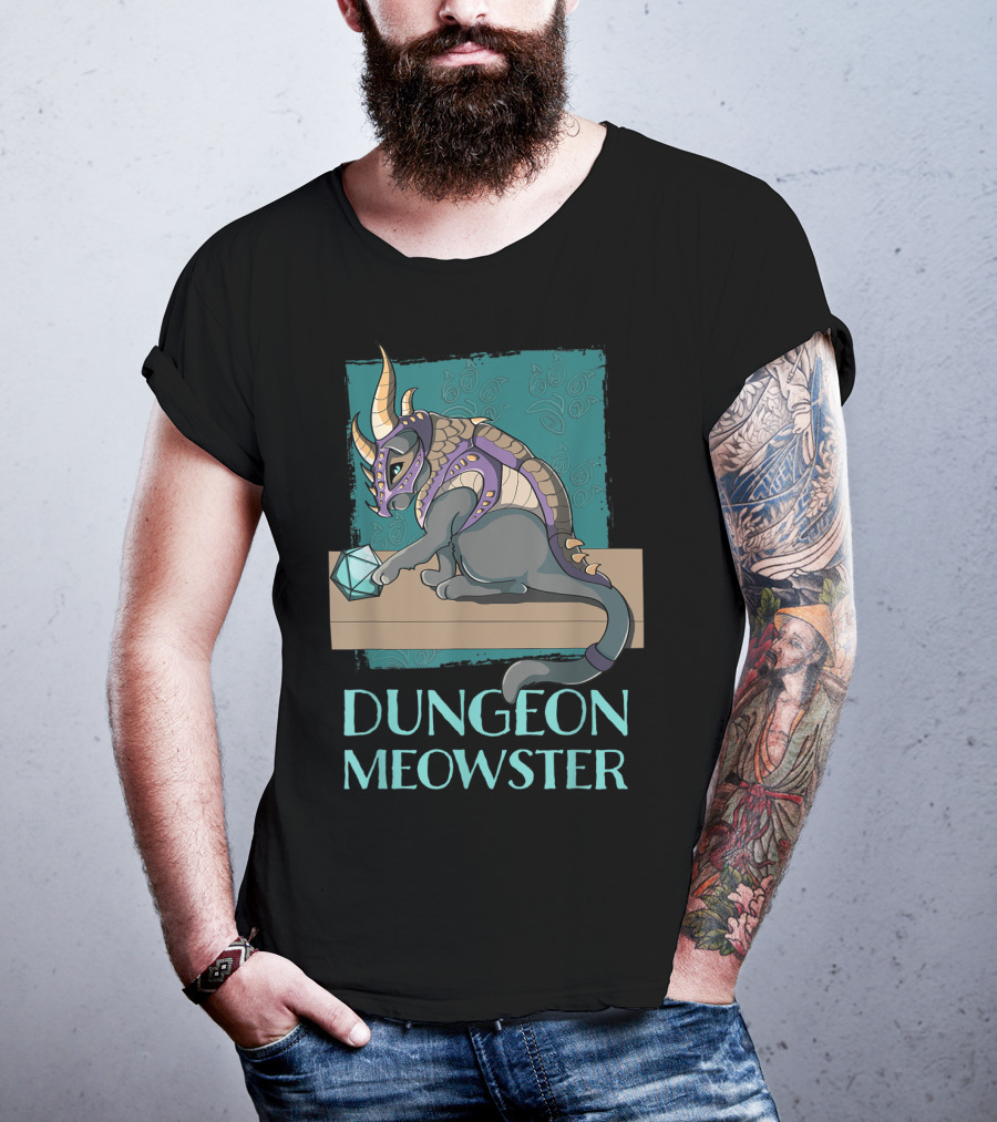 Dungeon Meowster Cat With Dragon Armor Playing With Dice T-Shirt