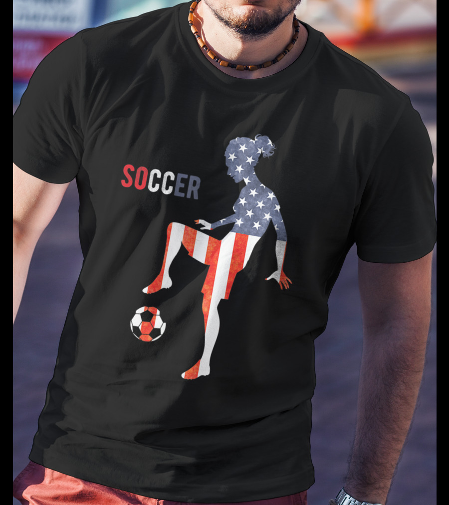 American Flag USA Soccer Player Silhouette Girl T-Shirt