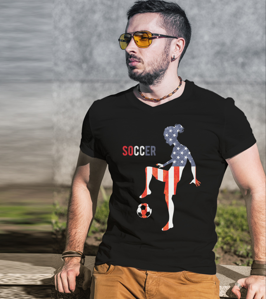 American Flag USA Soccer Player Silhouette Girl T-Shirt