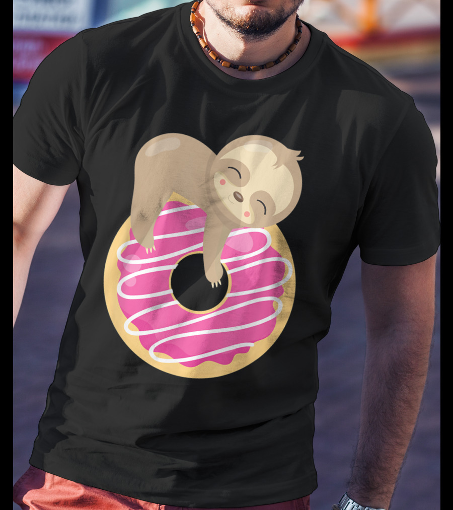 Baby Sloth Sleeping On Pink Frosted Donut T-Shirt