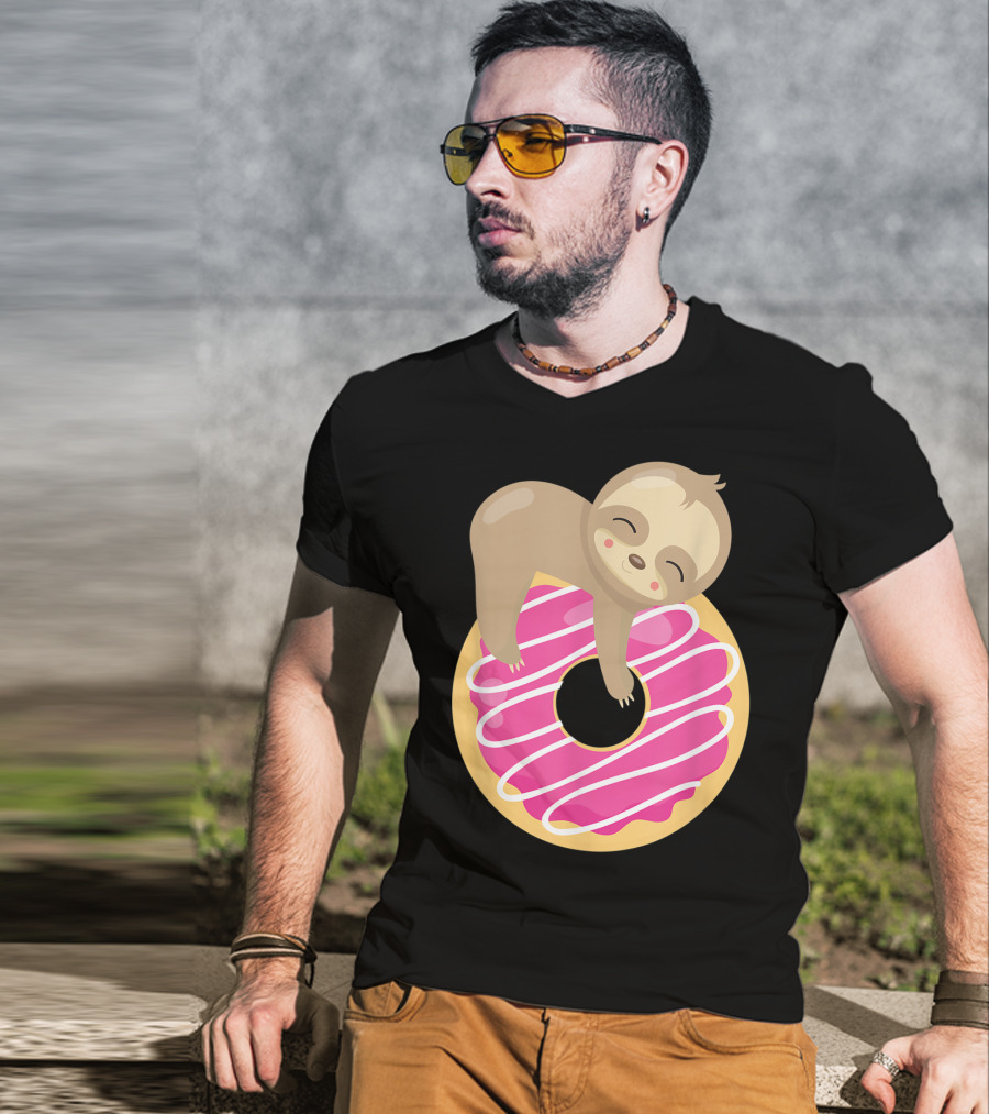 Baby Sloth Sleeping On Pink Frosted Donut T-Shirt
