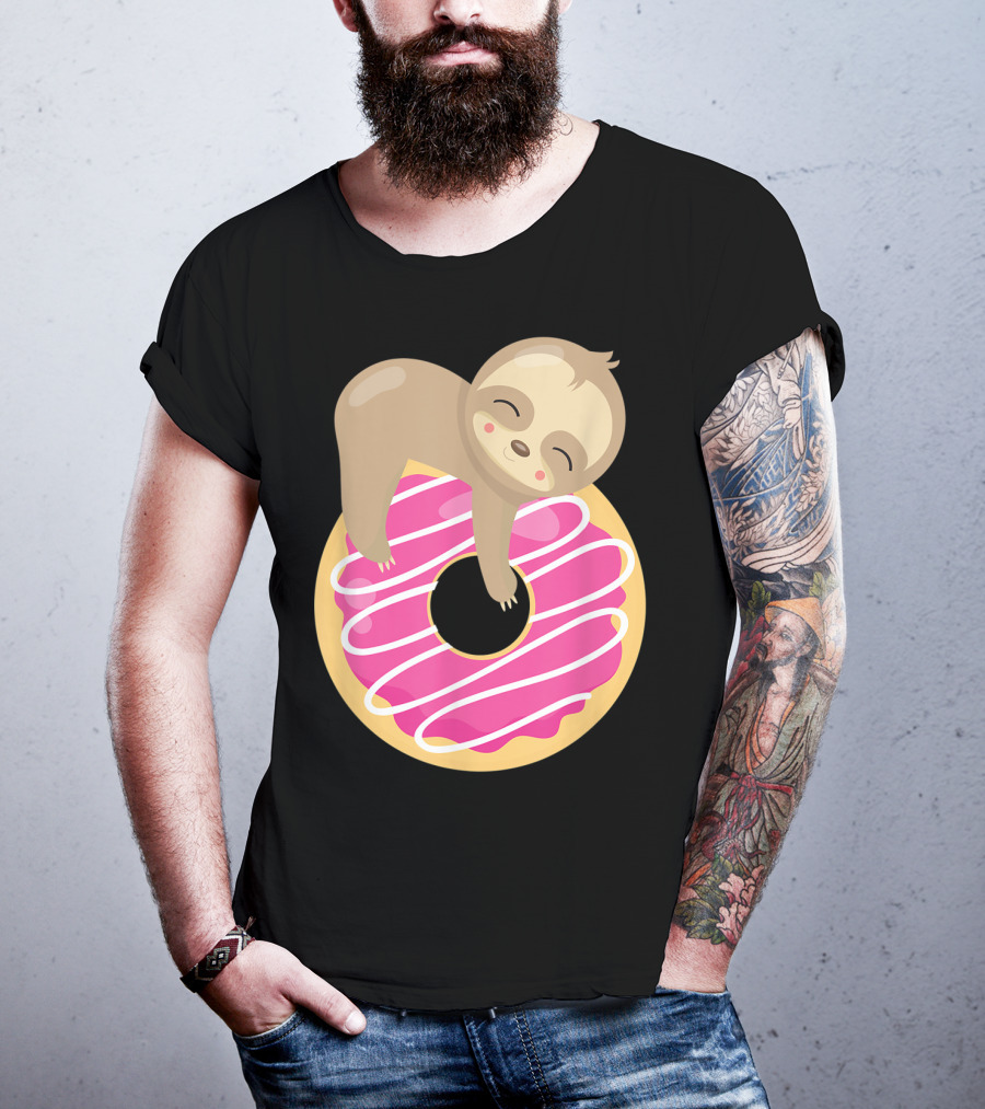 Baby Sloth Sleeping On Pink Frosted Donut T-Shirt