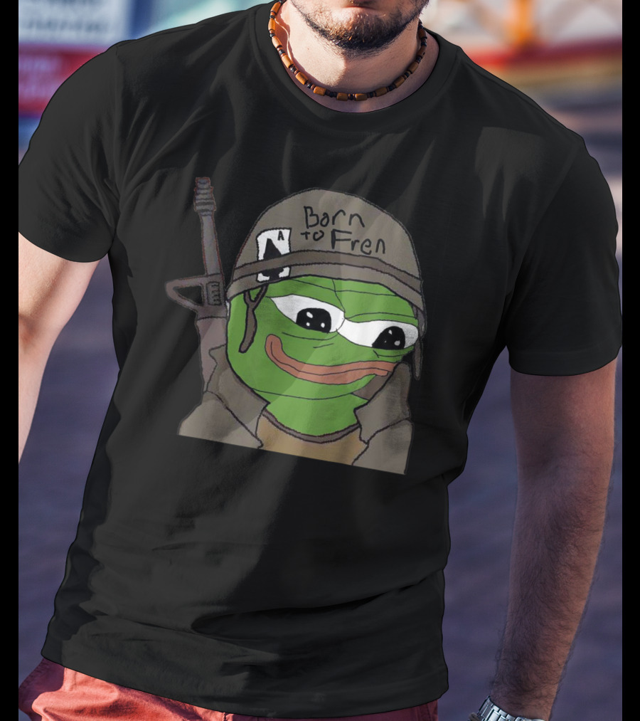 Born To Fren Pepe Military Helmet Cartoon With Rifle T-Shirt