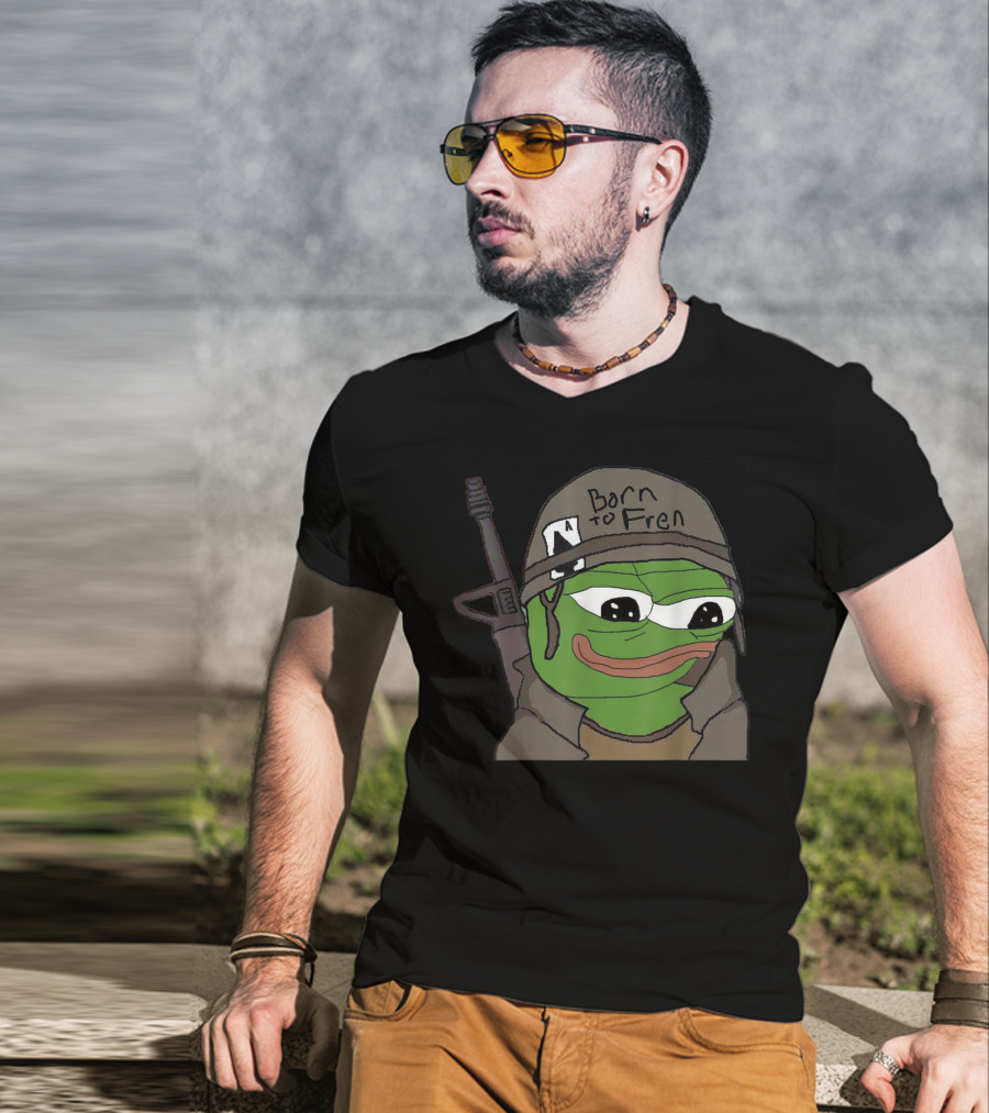 Born To Fren Pepe Military Helmet Cartoon With Rifle T-Shirt