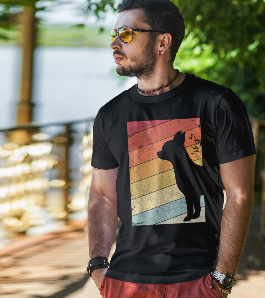 Chihuahua Style Retro Silhouette With Vintage Rainbow Stripes T-Shirt