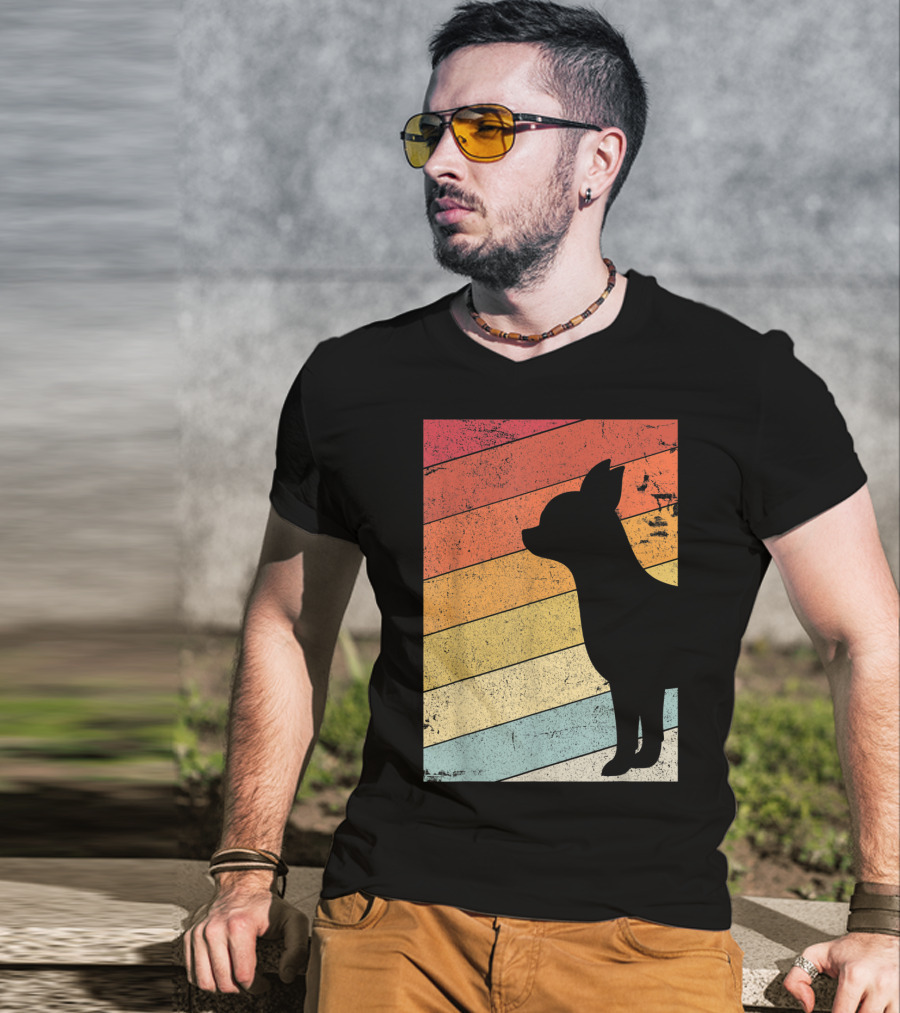 Chihuahua Style Retro Silhouette With Vintage Rainbow Stripes T-Shirt