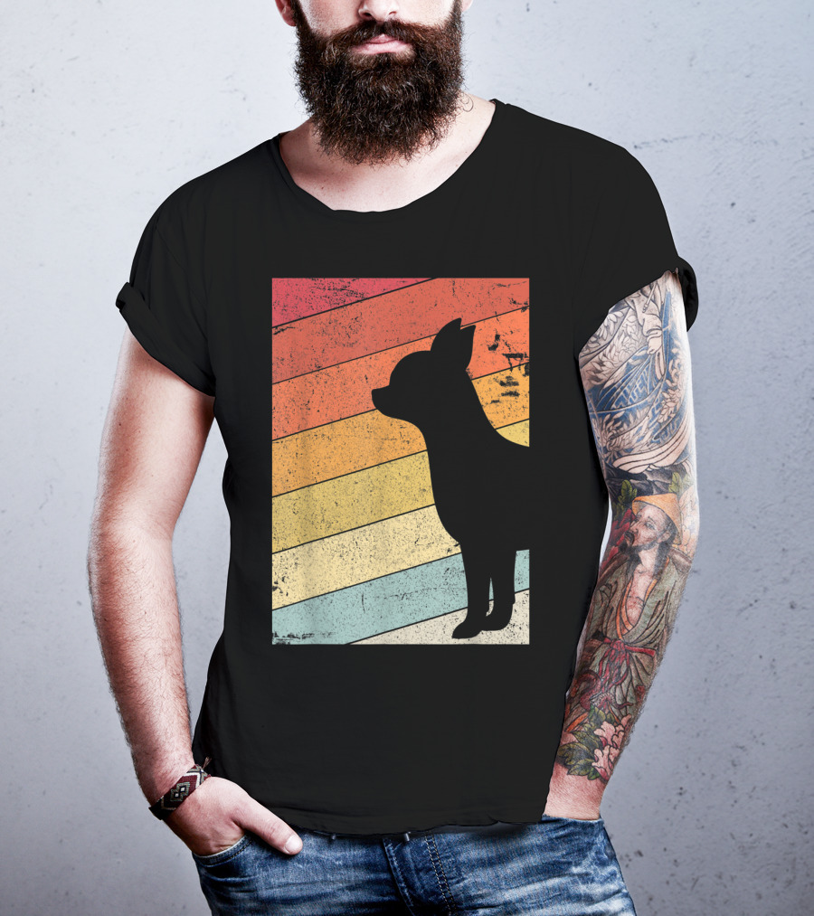 Chihuahua Style Retro Silhouette With Vintage Rainbow Stripes T-Shirt