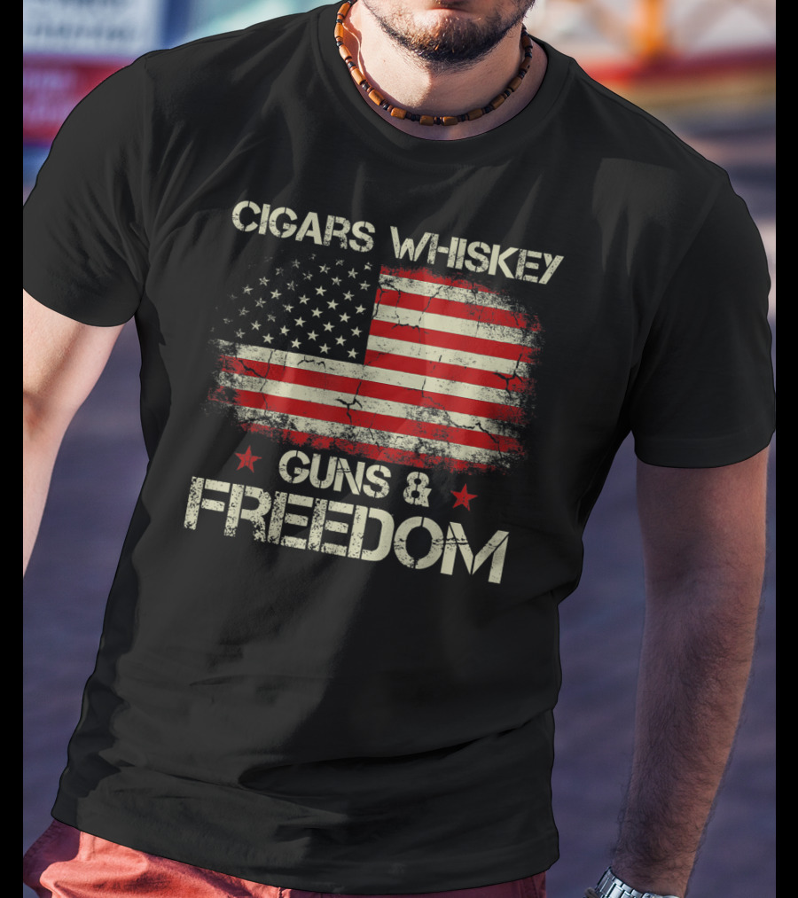 Cigars Whiskey Guns Freedom American Flag Patriotic USA Stars Stripes T-Shirt