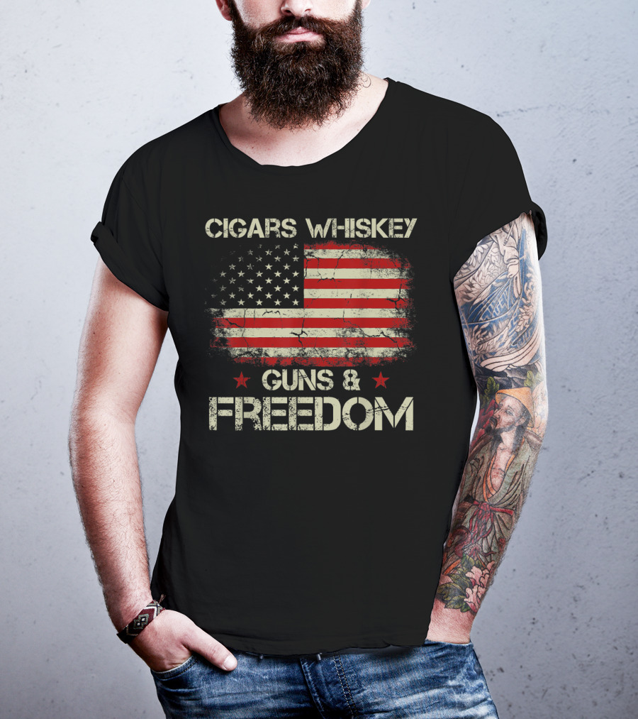 Cigars Whiskey Guns Freedom American Flag Patriotic USA Stars Stripes T-Shirt