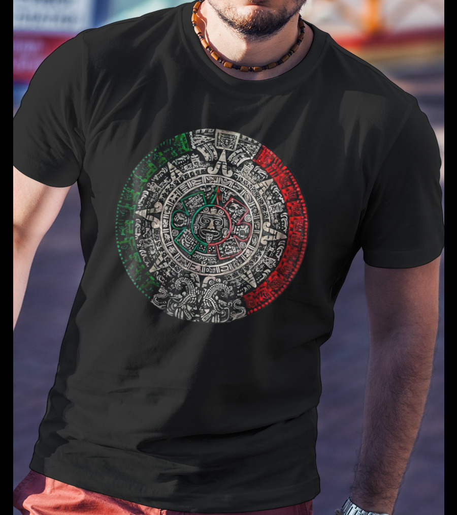 Aztec Calendar Sun Stone Mexican Flag Colors Carving Maya Mayans T-Shirt