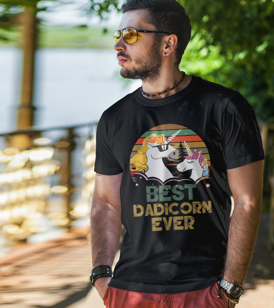 Best Dadicorn Ever Retro Funny Unicorns With Sunset Stripes T-Shirt