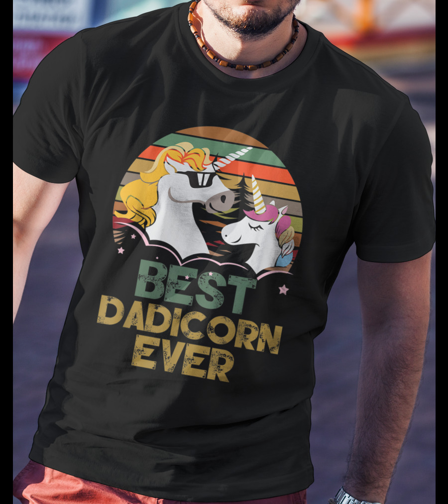 Best Dadicorn Ever Retro Funny Unicorns With Sunset Stripes T-Shirt