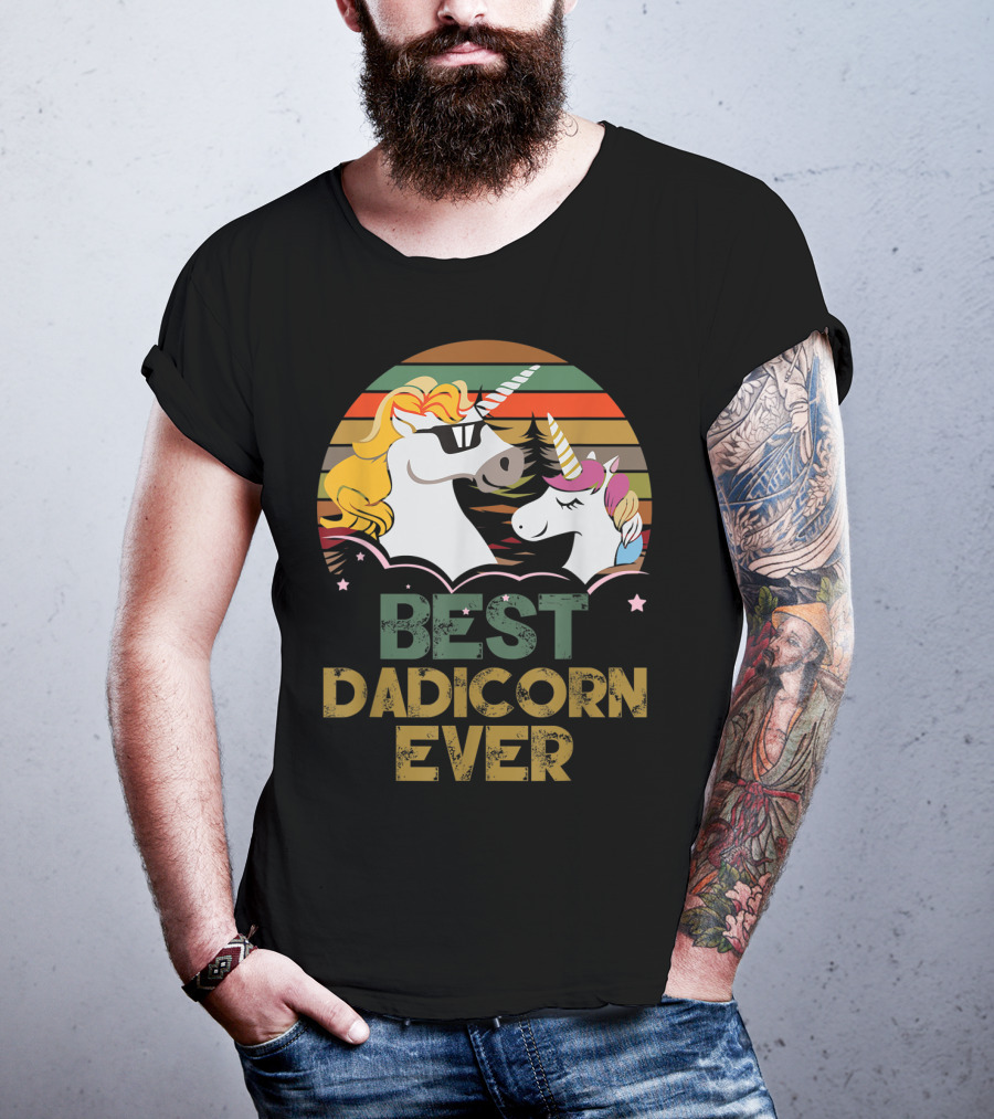Best Dadicorn Ever Retro Funny Unicorns With Sunset Stripes T-Shirt