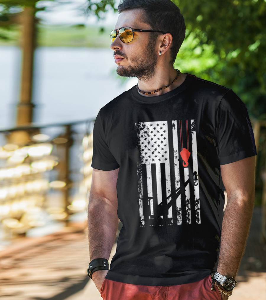 American Flag Crane Operator Hook And Lines T-Shirt