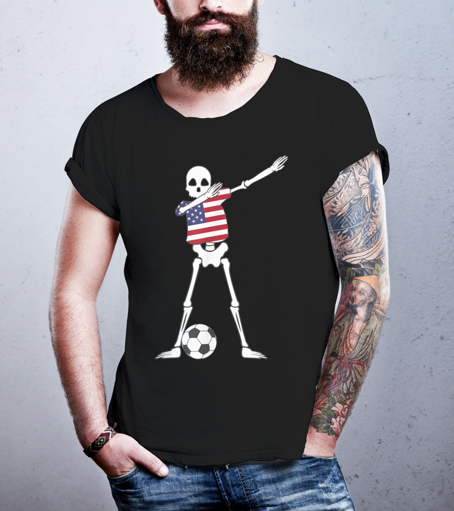 Dabbing Skeleton USA Soccer American Flag Dab Dance Football T-Shirt
