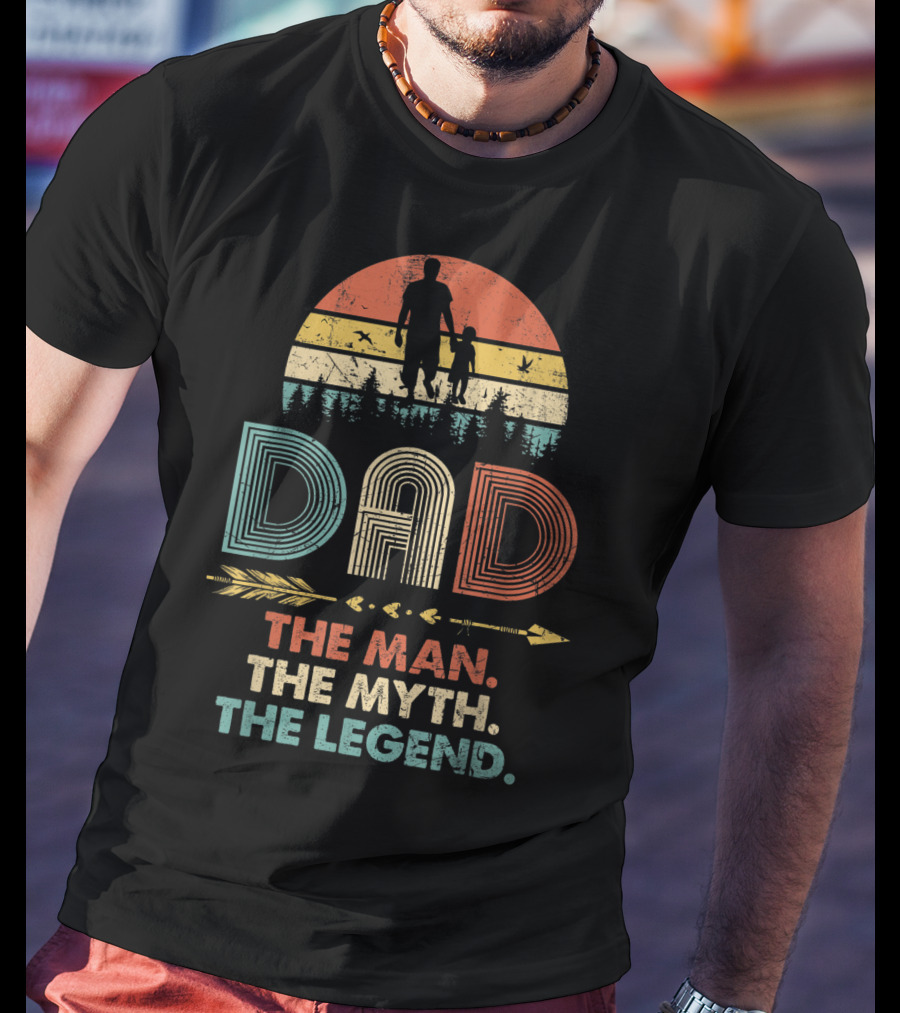 Dad The Man The Myth The Legend Vintage Papa Silhouette Retro Sunset Forest Arrow T-Shirt