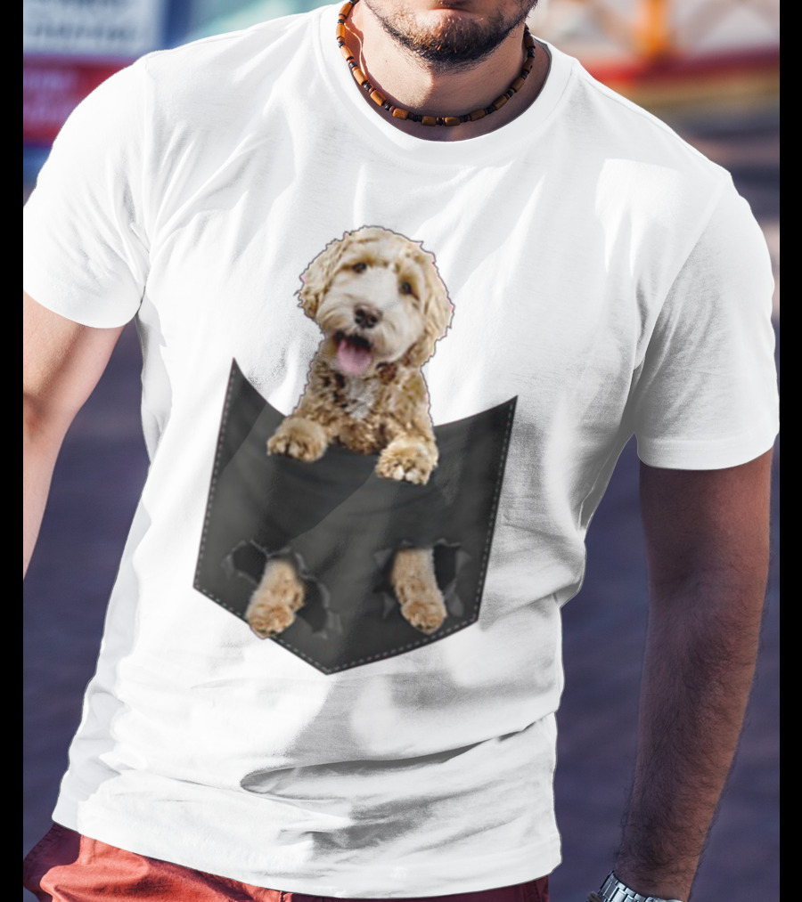 Dog In Your Pocket Labradoodle Peeking Out Pawing Through Black Pocket T-Shirt