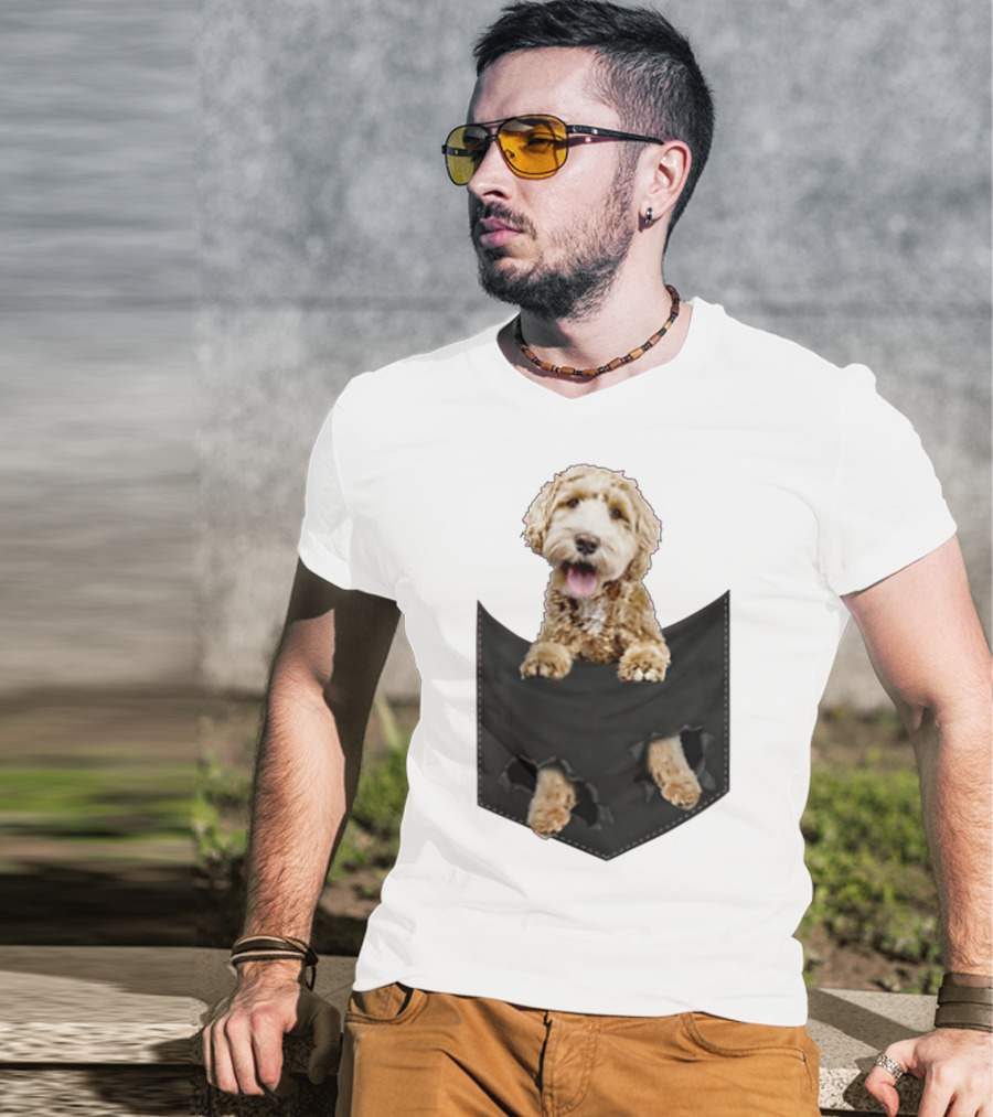 Dog In Your Pocket Labradoodle Peeking Out Pawing Through Black Pocket T-Shirt
