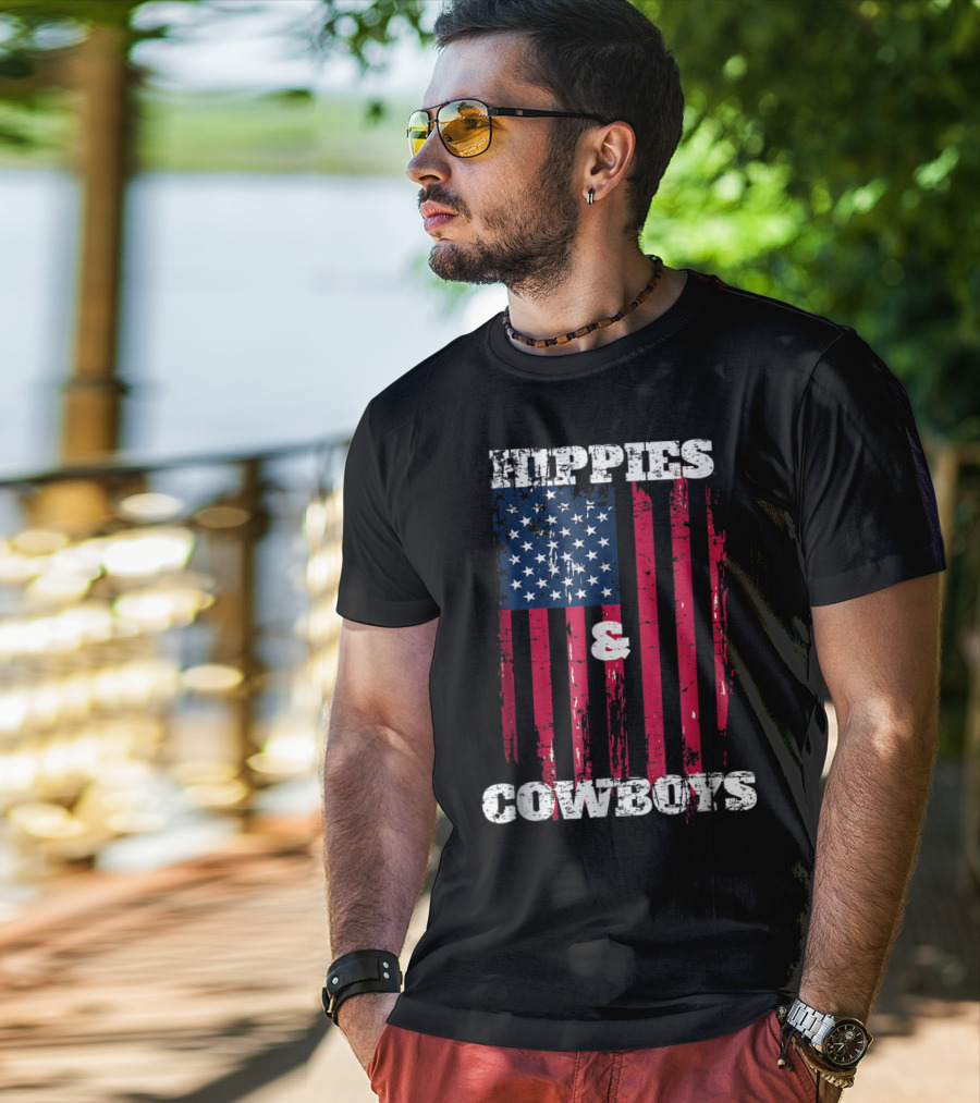 Hippies Cowboys And American Flag Distressed Look T-Shirt